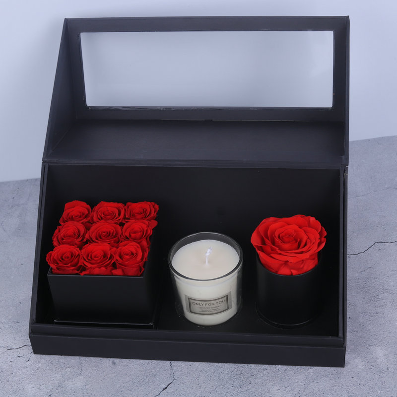 Wholesale price in infinity flower and candle with scent in box for valentines day preserved rose in small square gift box