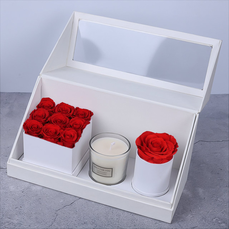 Wholesale price in infinity flower and candle with scent in box for valentines day preserved rose in small square gift box