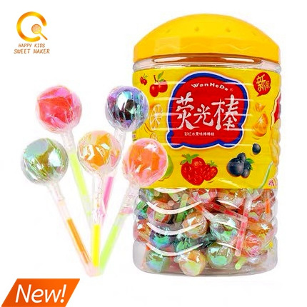 Lowest price 10g Glowing Neon Light Ball Lollipop / Fruity Fluorescent Crystal Lollipop