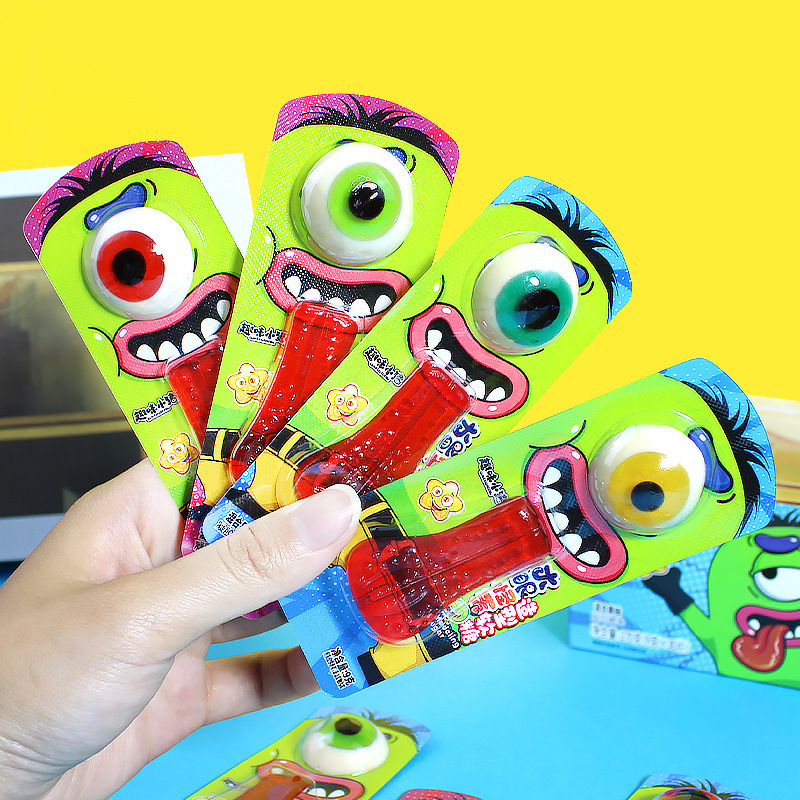 NEW 2024 Custom fruity flavor Monster Eyes Hard Lollipop Candy Lrrtle Monsters Mouth and Eye Balls Gummy Candy