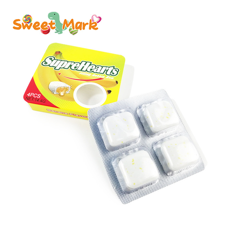 Wholesale bubble candy fruit banana flavor chewing gum filled with jam