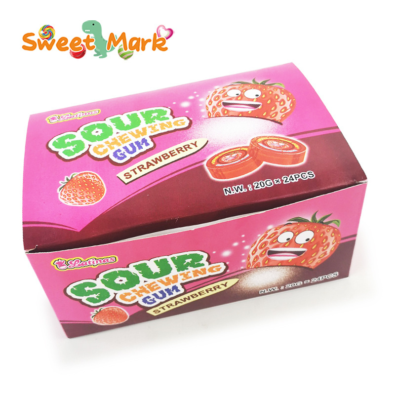 Strawberry taste chewy bubble gum with delicious sour powder candy