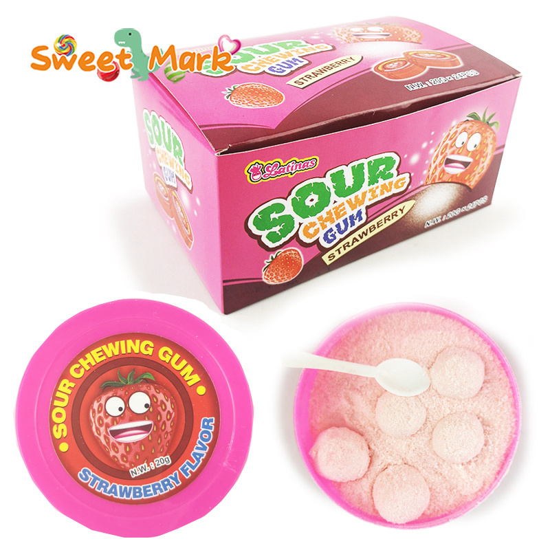 Strawberry taste chewy bubble gum with delicious sour powder candy