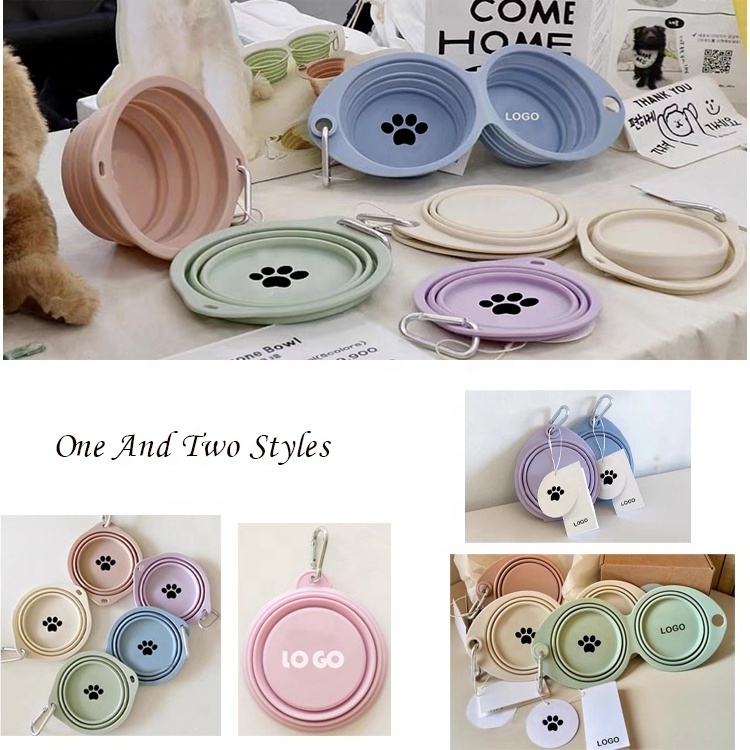 2023 New Macaron color Collapsible Portable Reusable Foldable Silicone Cat Food and Water feeder Drinking Double Dog Bowl