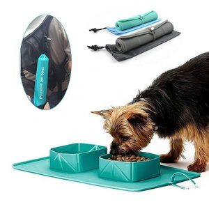 Pet Accessories OEM Custom Logo Collapsible Portable Foldable Cat Food and Water feeder Drinking Travel Silicone Double Dog Bowl