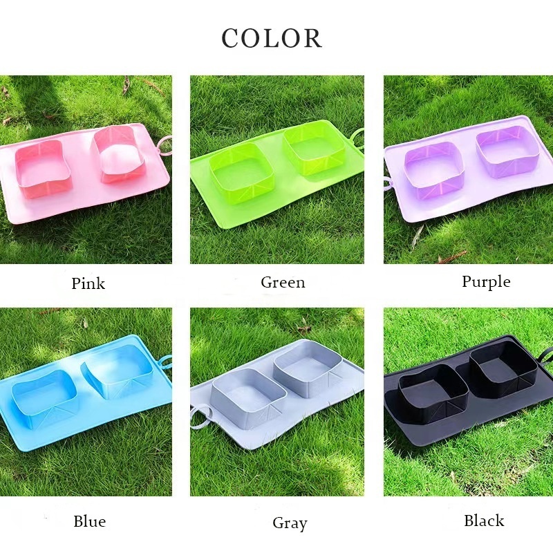 Pet Accessories OEM Custom Logo Collapsible Portable Foldable Cat Food and Water feeder Drinking Travel Silicone Double Dog Bowl