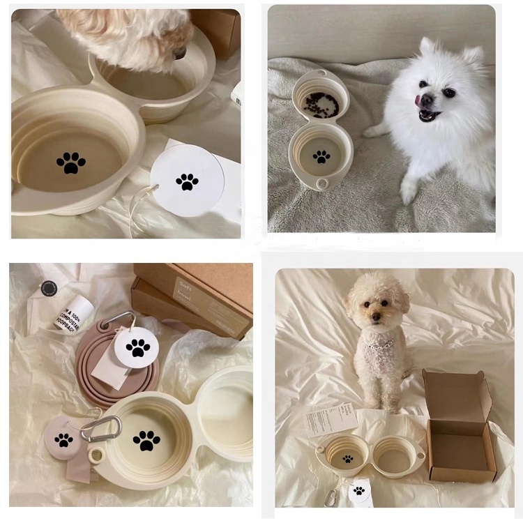 2023 New Macaron color Collapsible Portable Reusable Foldable Silicone Cat Food and Water feeder Drinking Double Dog Bowl