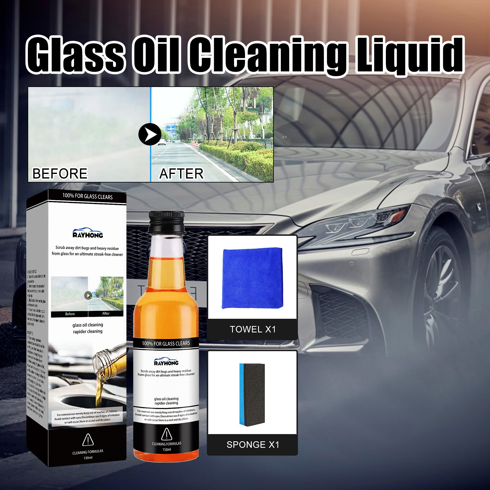 Glass oil film remover Front windshield oil film cleaner Powerful window stain remover