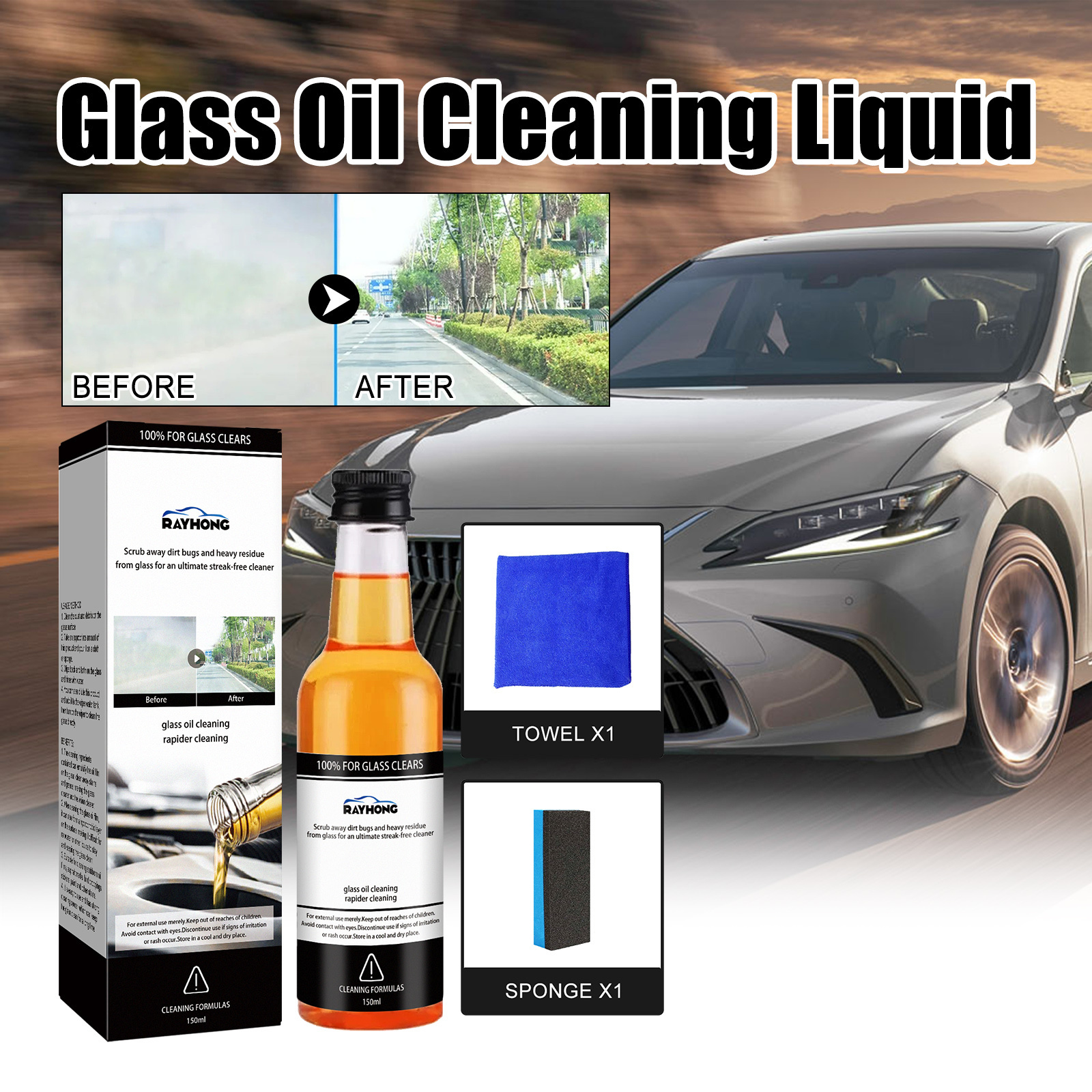 Glass oil film remover Front windshield oil film cleaner Powerful window stain remover