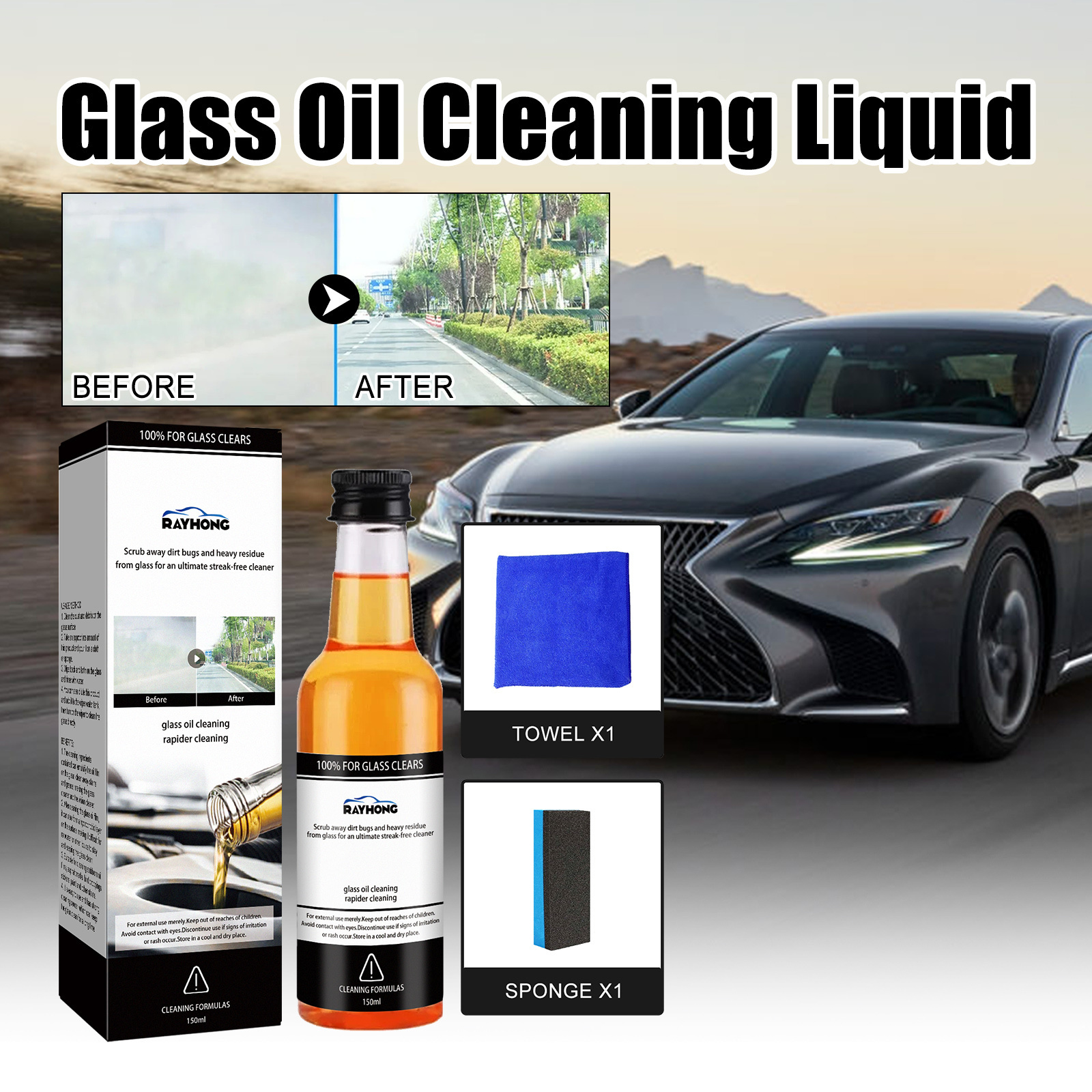 Glass oil film remover Front windshield oil film cleaner Powerful window stain remover