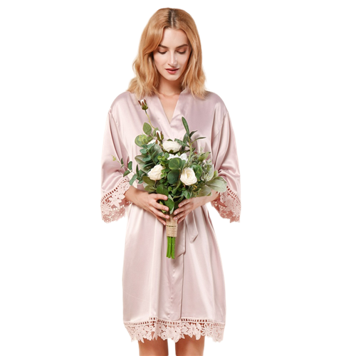 819 High Quality Ladies Lace Bride Silk Robes Embroidery Bridesmaid Kimono Bathrobes Sleepwear For Wedding Party