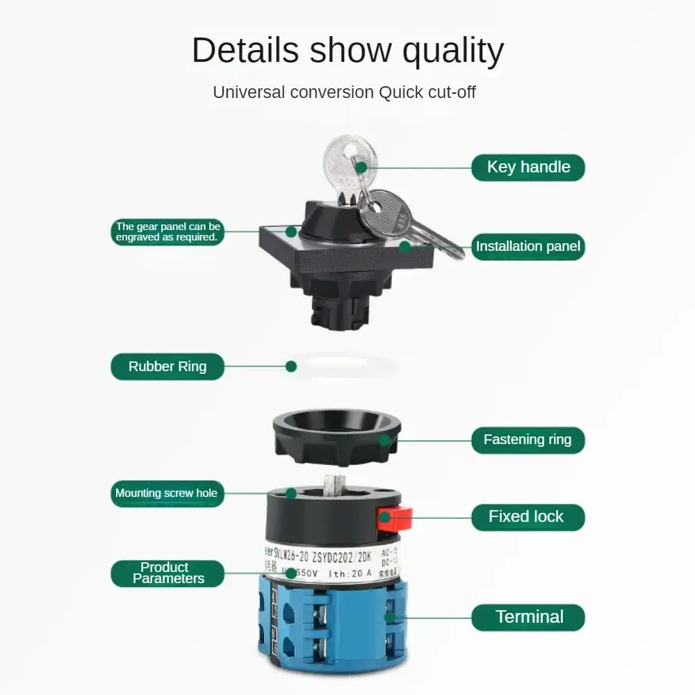 High Quality LW26-20 Electric 3 Position 2 Poles Silver Contact 20A Rotary Cam Changeover Switch with Key for Power Automation