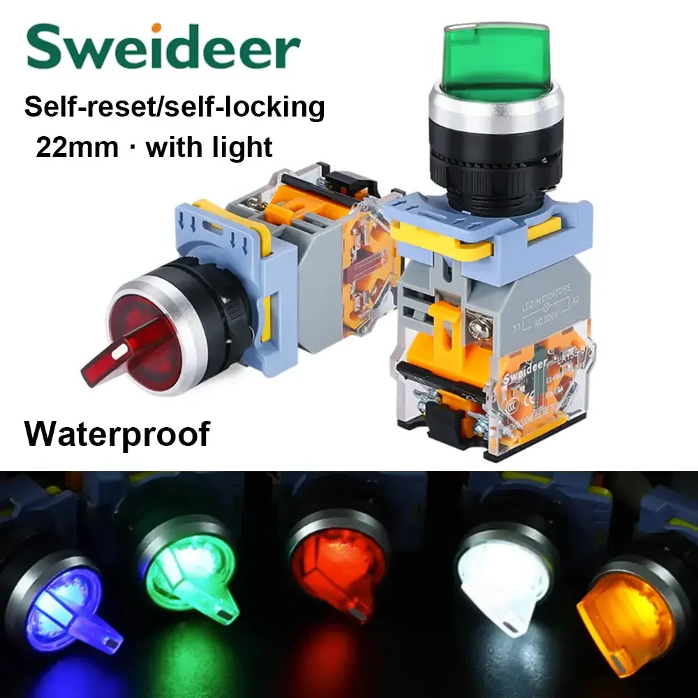 SWEIDEER 22MM Latching Momentary 2 3 Position 10A LA38 Selector Knob Rotary Switch LED Power on Off Switch for Control Cabinet