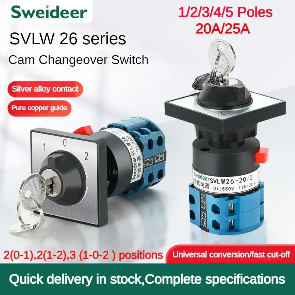 High Quality LW26-20 Electric 3 Position 2 Poles Silver Contact 20A Rotary Cam Changeover Switch with Key for Power Automation