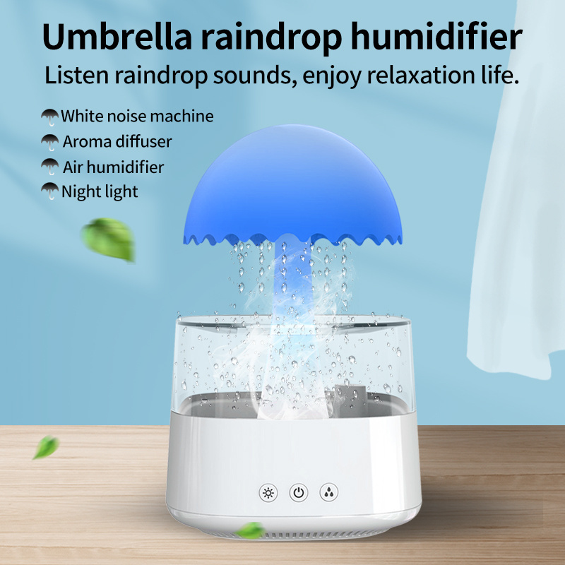 Rain Oil Diffuser Water Drip Fountain Humidifier with Aromatherapy 450ml Raining Cloud NightLight 3 in 1 humidifier for Relaxing