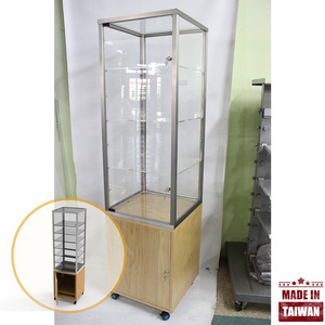 Clear wood black free stand handbag shelf front open door knife retail display cabinet