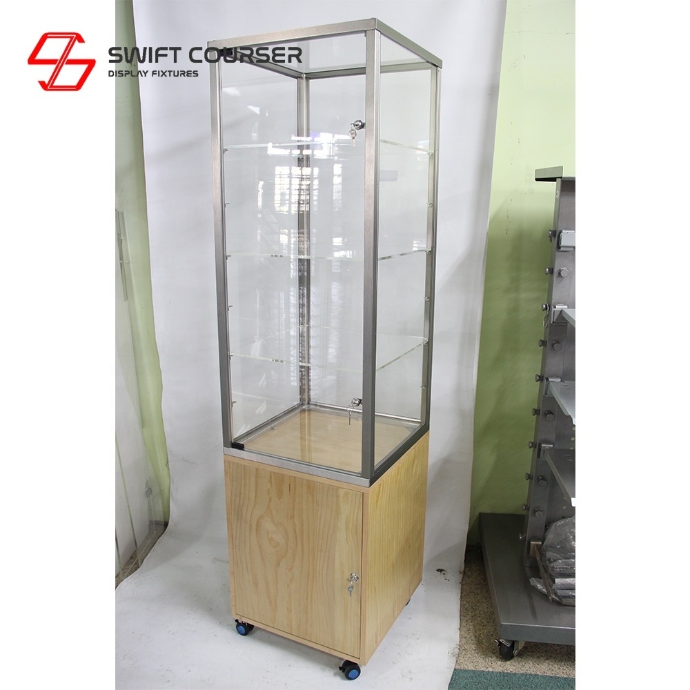 Clear wood black free stand handbag shelf front open door knife retail display cabinet