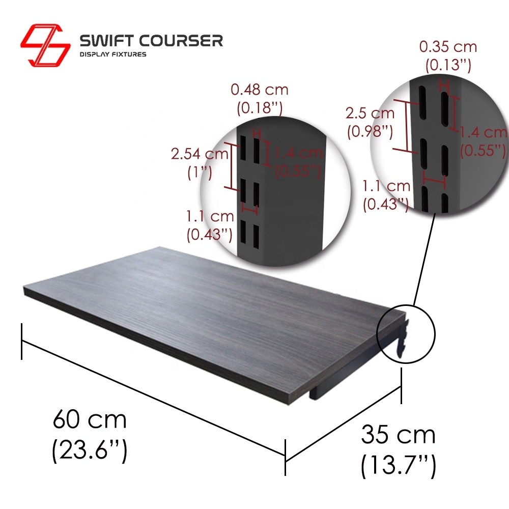 Supermarket wooden slotted channel metal angle brackets perforated shelf