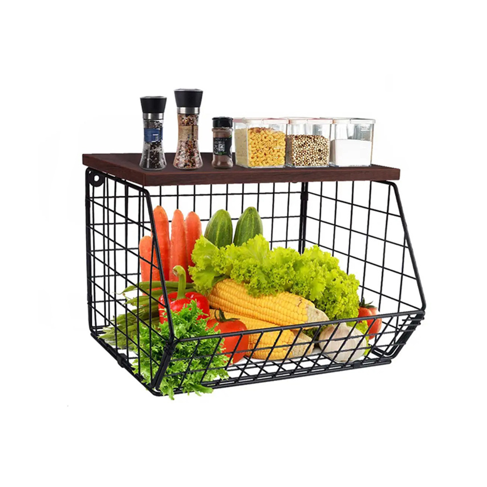 Multifunctional Durable Metal Stacking sundries Basket Fruit Vegetable Pantry Storage Basket Snack Storage Shelf With Wooden Lid