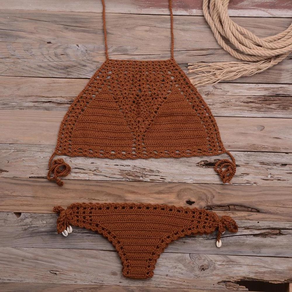 Brown Crochet Knitted Bikini Brand Wholesale Swimsuit 2 Piece Luxury Italian Bikinis Fashion Crotchless Swimwear Woman