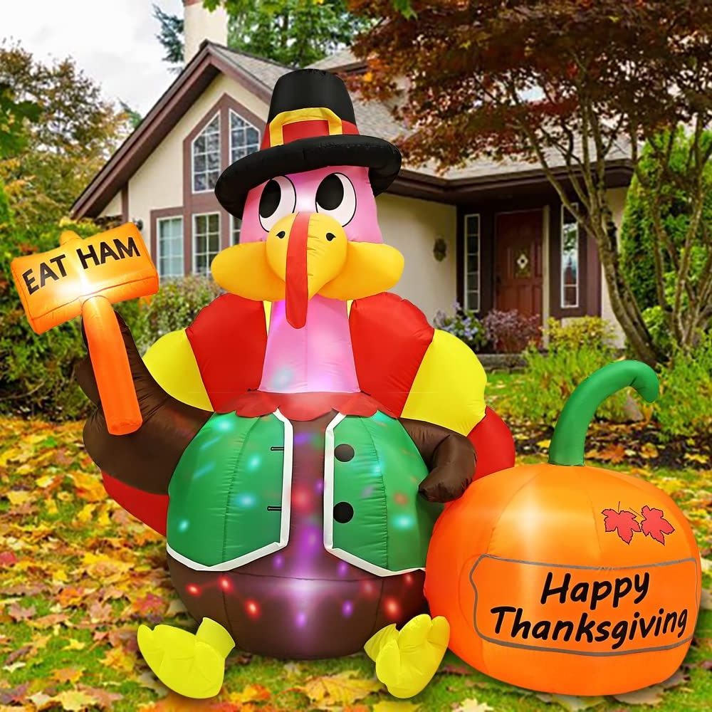 New Inflatable LED Lighted Happy Thanksgiving Turkey with Pumpkin Blow up Outdoor Lawn Yard Decoration