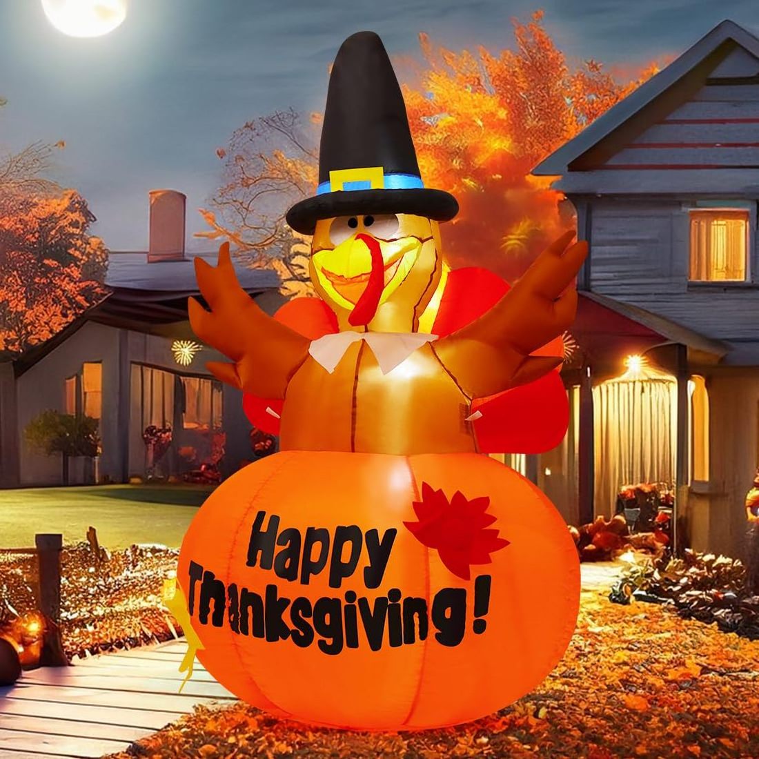 New Inflatable LED Lighted Happy Thanksgiving Turkey with Pumpkin Blow up Outdoor Lawn Yard Decoration