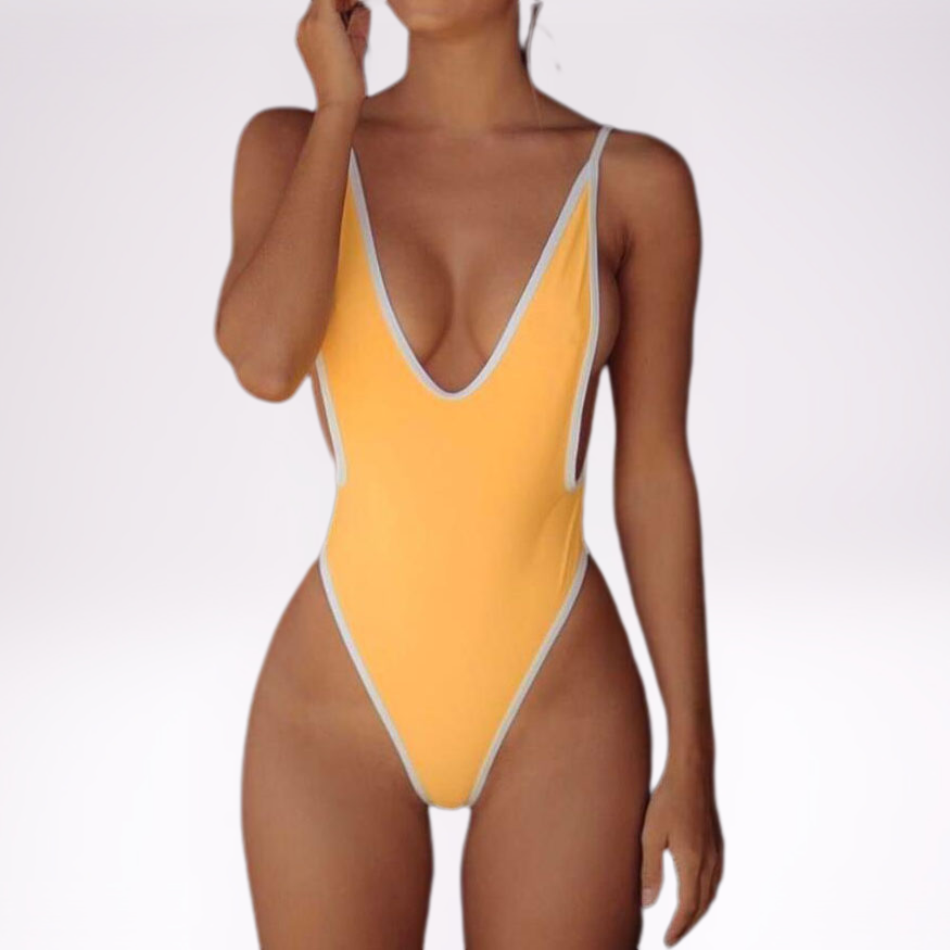 Hot selling summer swimsuit sexy bodysuit swimwear solid simple yellow mature woman one piece swimsuit