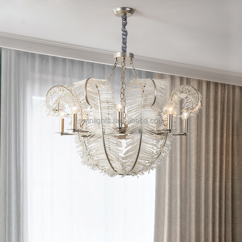 murano glass chandelier 6-lights glass rod ceiling light silver iron modern chandelier lighting