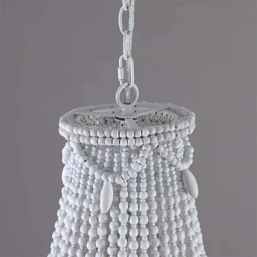 Farmhouse distressed wood beaded chandelier antique white basket pendant hanging kitchen ceiling lamp light fixtures