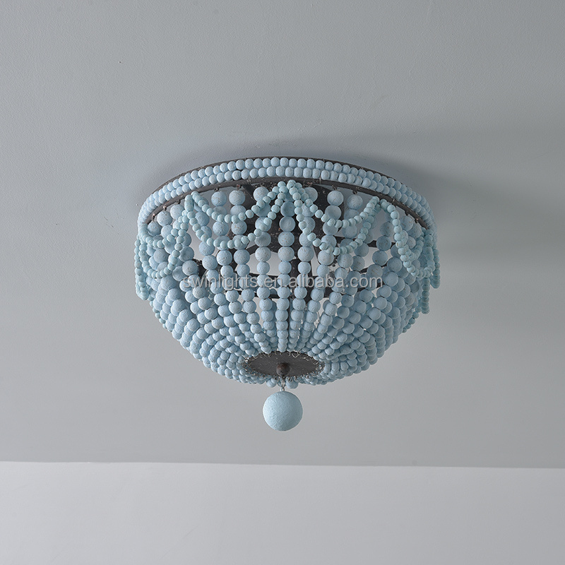 Wood Beaded Flush Mount Ceiling Light for Kitchen Island antique Mini Chandelier for Bedroom girl Room