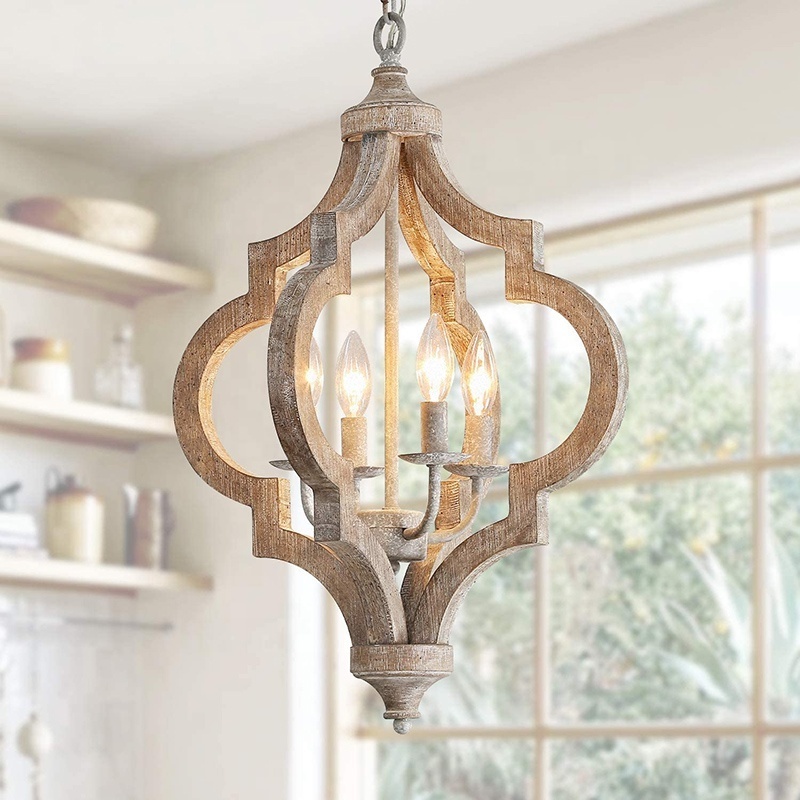 Farmhouse kitchen 4-light wooden pendant light vintage ceiling light fixture for dining room