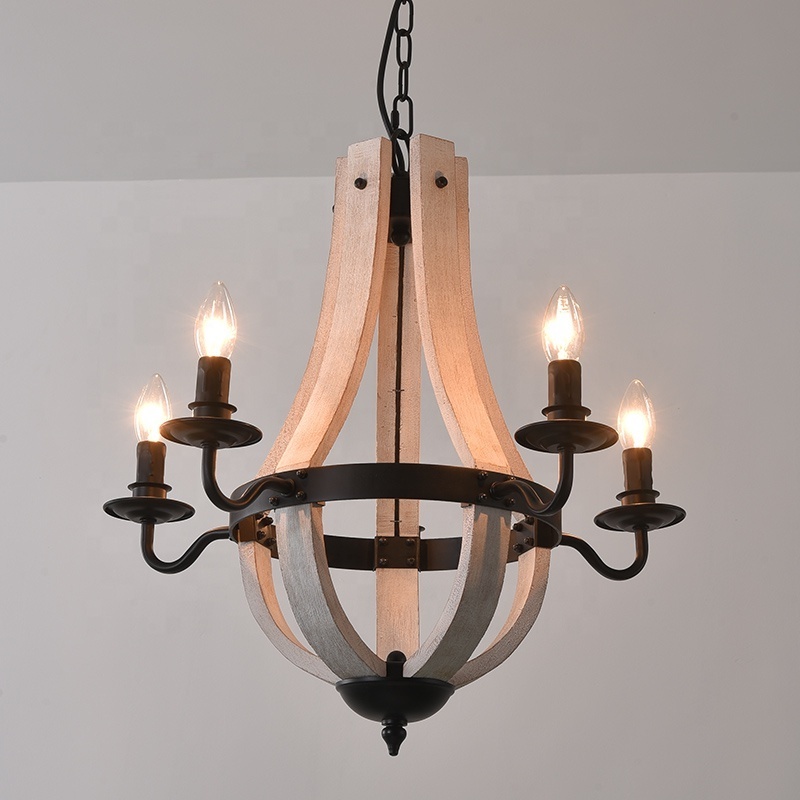 hot seller industrial 5-lights wine barrel wood chandelier farmhouse black iron pendant light