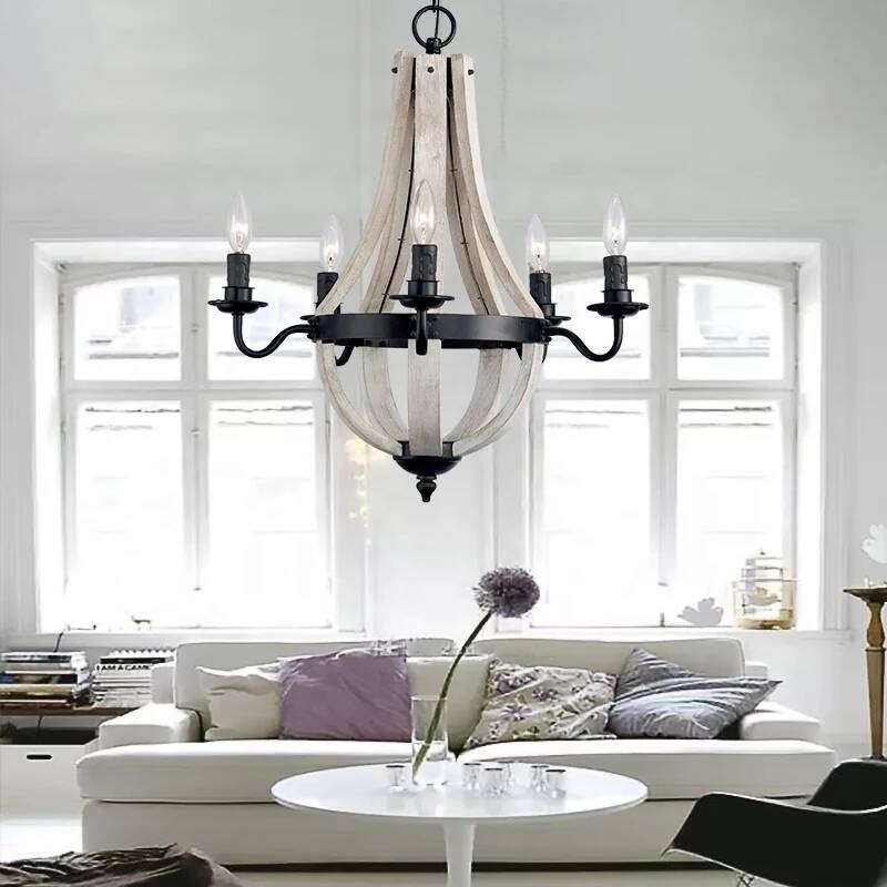 hot seller industrial 5-lights wine barrel wood chandelier farmhouse black iron pendant light