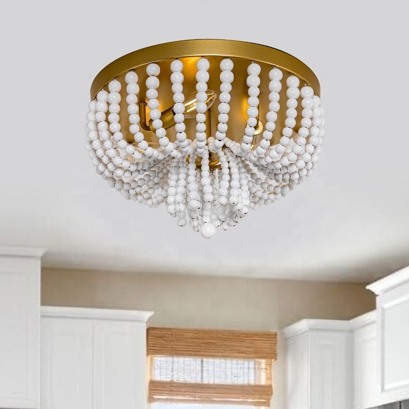 Gold round iron Flush Mount Ceiling light for bedroom 3-lights wood beads ceiling lamp