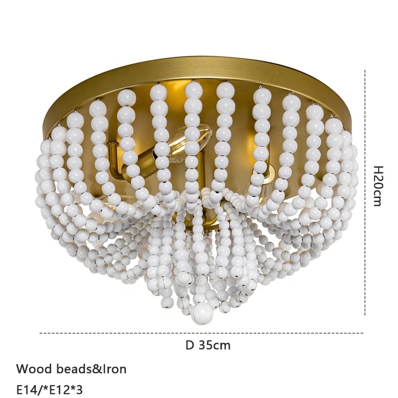 Gold round iron Flush Mount Ceiling light for bedroom 3-lights wood beads ceiling lamp