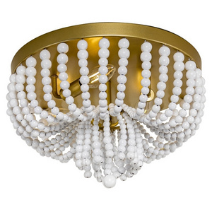 Gold round iron Flush Mount Ceiling light for bedroom 3-lights wood beads ceiling lamp