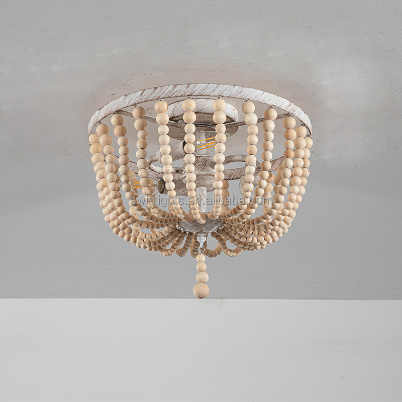 Farmhouse wood beaded chandelier,Bohemia ceiling lamp,vintage 3-lights Semi-Flush Mount ceiling light for living room hallway