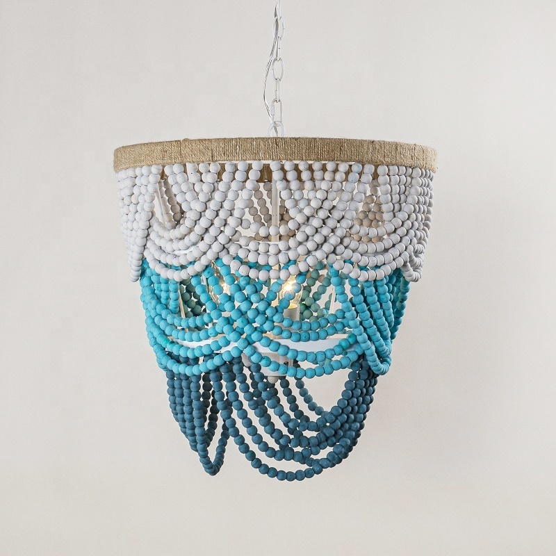 Bohemian style wood bead light jute rope hanging light fixture art pendant light