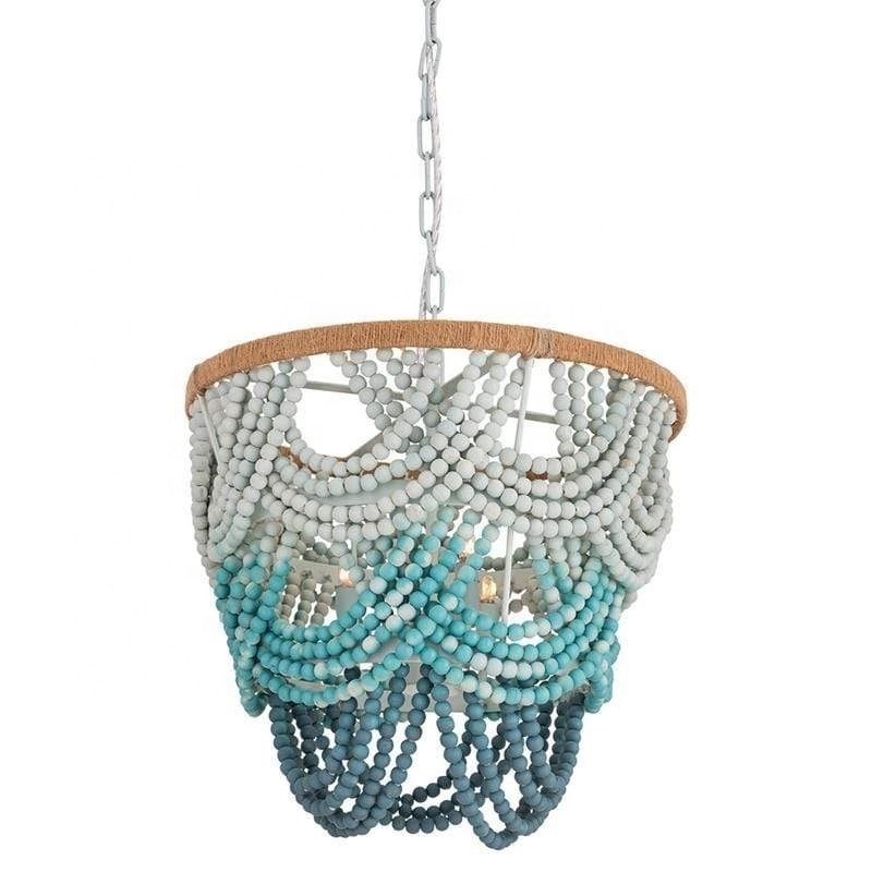 Bohemian style wood bead light jute rope hanging light fixture art pendant light