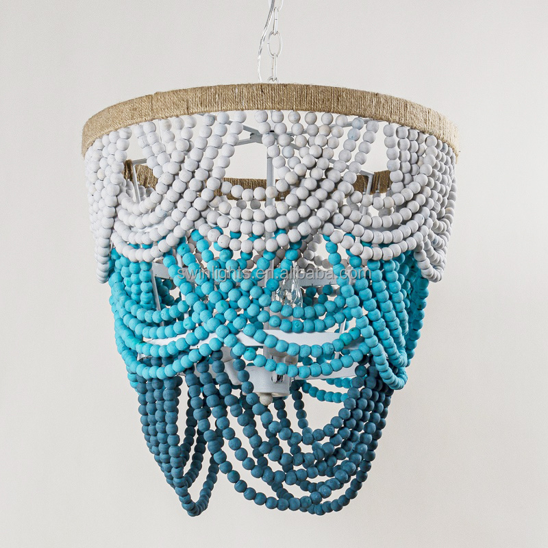 Bohemian style wood bead light jute rope hanging light fixture art pendant light