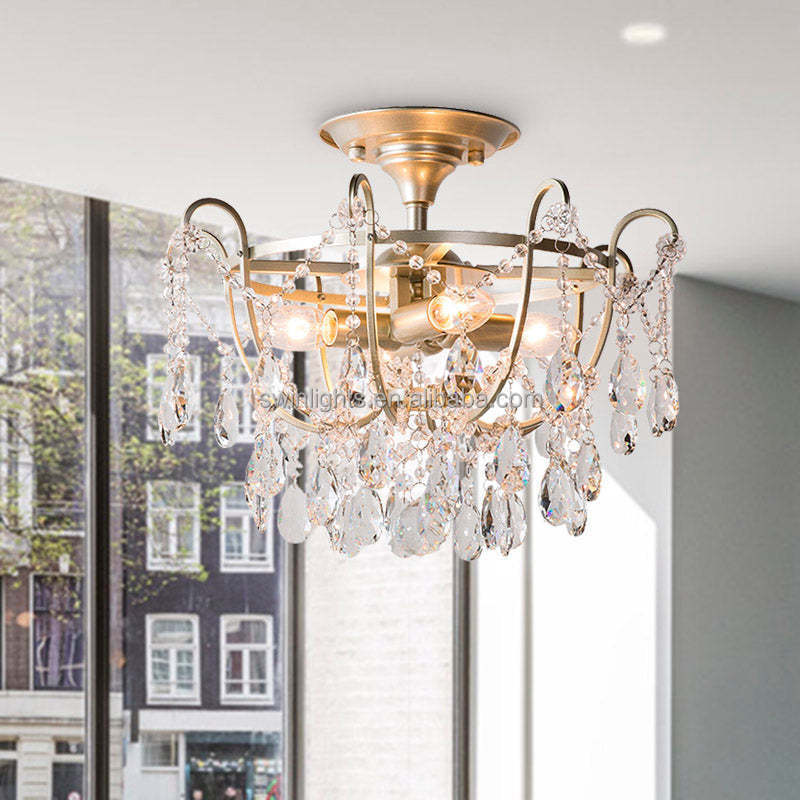 New Droplet iron Semi Flush mount Crystal Ceiling Light Fixture for bedroom