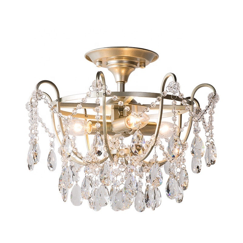 New Droplet iron Semi Flush mount Crystal Ceiling Light Fixture for bedroom