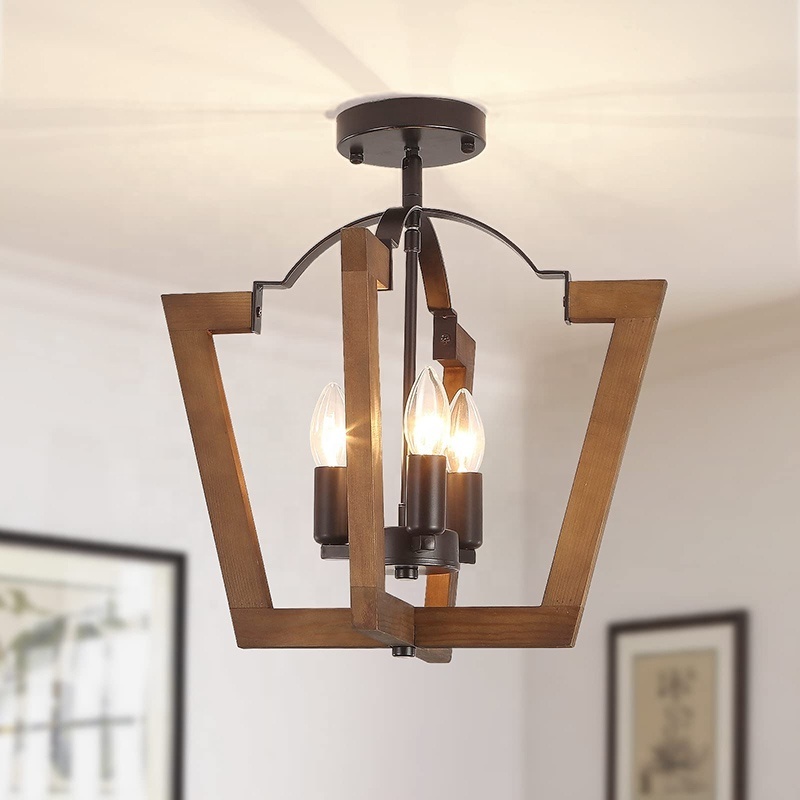 Farmhouse retro wood Semi Flush Mount Ceiling Light Rustic 3-Light Kitchen Ceiling Lamp