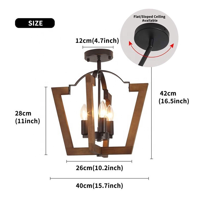 Farmhouse retro wood Semi Flush Mount Ceiling Light Rustic 3-Light Kitchen Ceiling Lamp