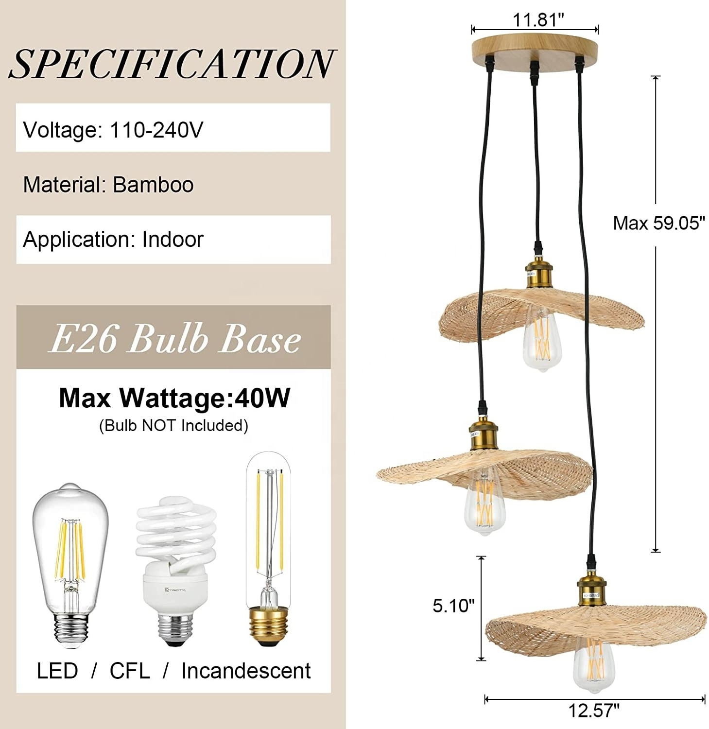 Bamboo Pendant Lighting 3-Lights Farmhouse Wicker Woven Ceiling Light Chandelier for Dining Room