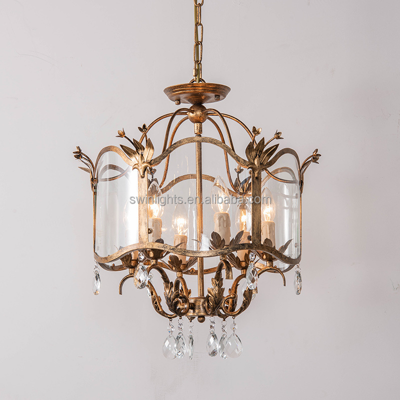 New french chandelier glass drum pendant light antique gold crystal ceiling light