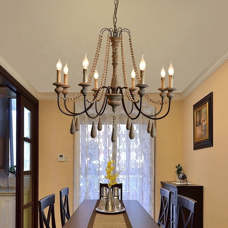 Farmhouse chandelier rustic handmade wood ceiling lamp 8-lights candle lighting fixture