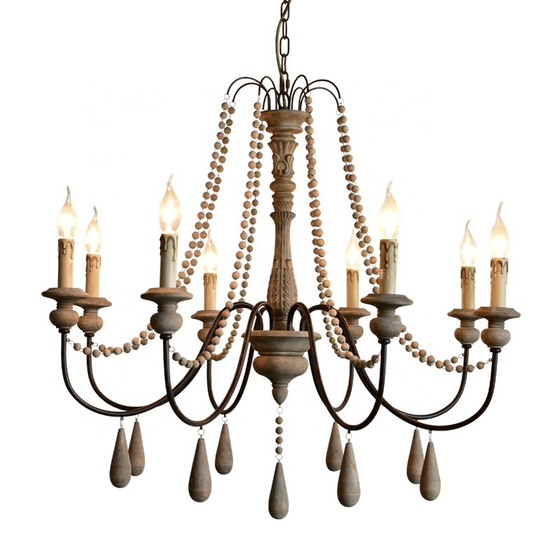 Farmhouse chandelier rustic handmade wood ceiling lamp 8-lights candle lighting fixture