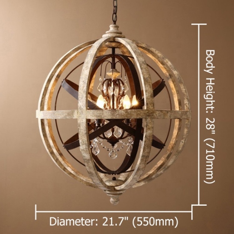 Rustic Weathered Wood Globe  Antique Chandelier Metal Crystal Ceiling Light, Medium