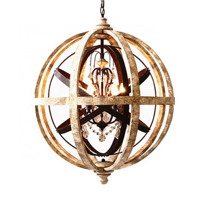 Rustic Weathered Wood Globe  Antique Chandelier Metal Crystal Ceiling Light, Medium